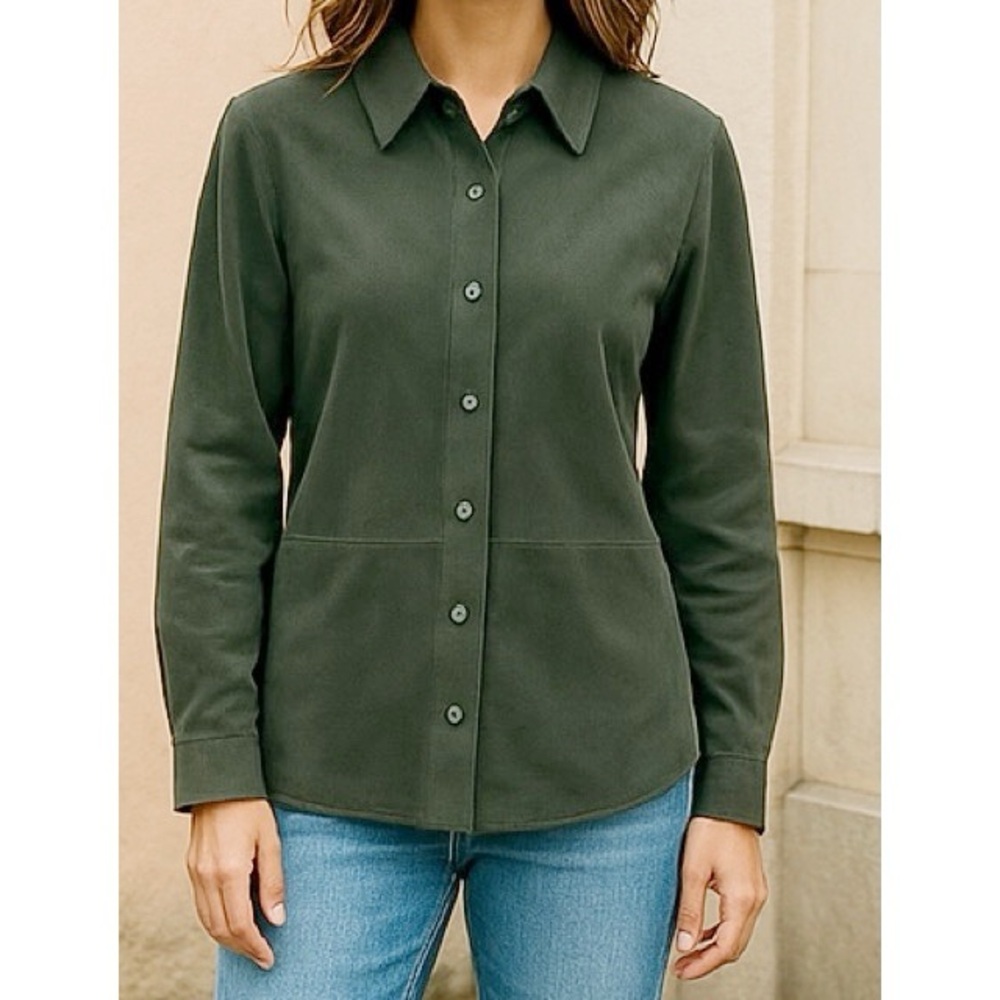 Talbots Petite Small Green Sueded Stretch Button Down Shirt
